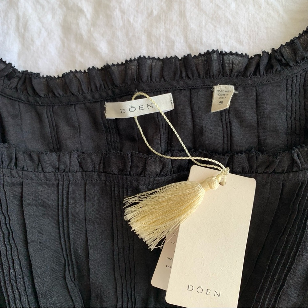 NWT Doen Renee Ramie Pintuck Ruffle Sleeveless Tie Crop Blouse Top Black - Picture 7 of 11